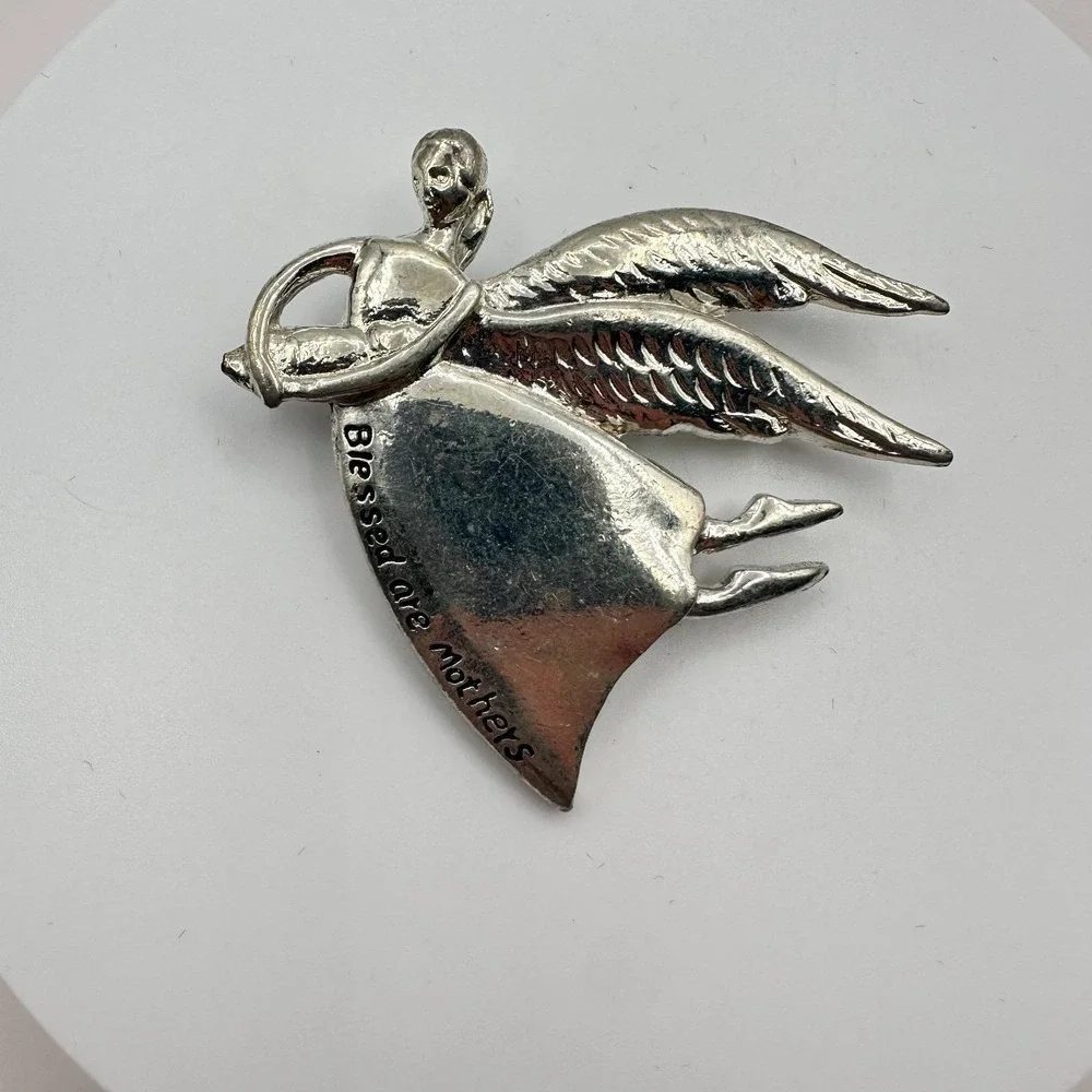 Vintage 90s Silver‎ Tone Blessed Are Mothers Angel Brooch Pin Classic Jewelry